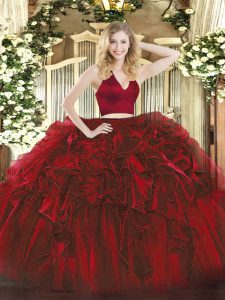 Halter Top Sleeveless Quinceanera Dress Floor Length Ruffles Wine Red Organza