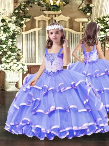 Lavender Organza Lace Up Little Girl Pageant Dress Sleeveless Floor Length Beading and Ruffled Layers