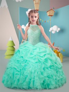 High-neck Sleeveless Lace Up Kids Formal Wear Hot Pink and Apple Green Organza