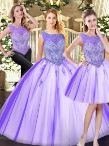 Floor Length Lavender Ball Gown Prom Dress Tulle Sleeveless Beading