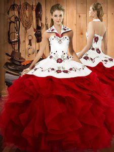 Wine Red Halter Top Neckline Embroidery and Ruffles 15 Quinceanera Dress Sleeveless Lace Up