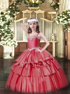 Sleeveless Floor Length Beading and Ruffled Layers Lace Up Pageant Dress for Teens with Coral Red