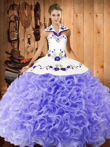 Customized Fabric With Rolling Flowers Halter Top Sleeveless Lace Up Embroidery Sweet 16 Dress in Lavender