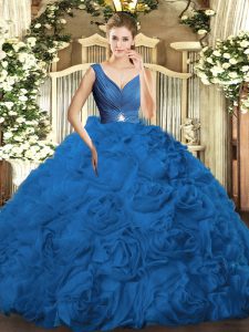 Sumptuous Sleeveless Floor Length Beading and Ruching Backless Quinceanera Dresses with Blue