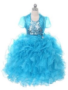 High Quality Baby Blue Ball Gowns Organza Scoop Sleeveless Ruffles and Sequins and Bowknot Floor Length Lace Up Evening Gowns