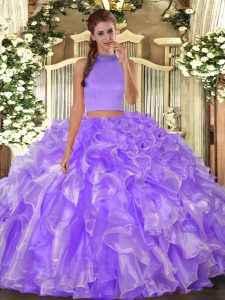 Lavender Two Pieces Organza Halter Top Sleeveless Beading and Ruffles Floor Length Backless Quinceanera Gowns