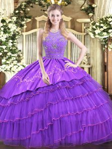 Satin and Tulle Halter Top Sleeveless Zipper Beading and Embroidery and Ruffled Layers Sweet 16 Dress in Lavender