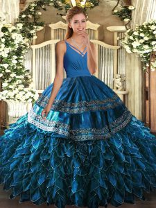 Extravagant Blue Military Ball Gown Sweet 16 and Quinceanera with Beading and Appliques and Ruffles V-neck Sleeveless Backless