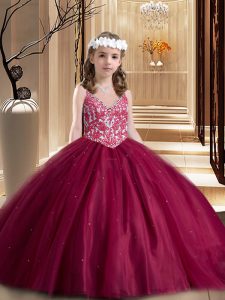 Trendy Floor Length Ball Gowns Sleeveless Wine Red Pageant Gowns For Girls Lace Up
