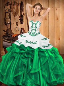 Popular Ball Gowns Quinceanera Dresses Green Strapless Satin and Organza Sleeveless Floor Length Lace Up