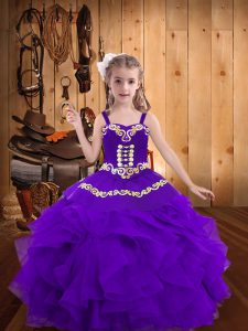 Floor Length Eggplant Purple Winning Pageant Gowns Organza Sleeveless Embroidery and Ruffles