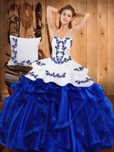 Fashionable Blue Satin and Organza Lace Up Strapless Sleeveless Floor Length Quinceanera Dress Embroidery and Ruffles