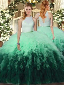 Glittering Tulle Sleeveless Floor Length Ball Gown Prom Dress and Ruffles