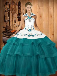 Popular Teal Sleeveless Organza Sweep Train Lace Up Quince Ball Gowns for Military Ball and Sweet 16 and Quinceanera