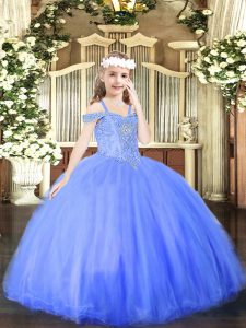 Blue Ball Gowns Off The Shoulder Sleeveless Tulle Floor Length Lace Up Beading Glitz Pageant Dress