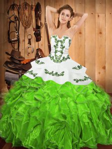 Customized Ball Gowns Embroidery and Ruffles 15th Birthday Dress Lace Up Satin and Organza Sleeveless Floor Length
