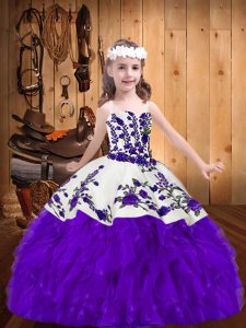 Purple Ball Gowns Organza Straps Sleeveless Embroidery and Ruffles Floor Length Lace Up Little Girls Pageant Dress Wholesale