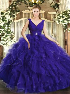 Traditional Purple Backless V-neck Beading and Ruffles Quinceanera Gown Tulle Sleeveless
