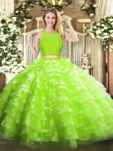 Most Popular Floor Length Zipper Sweet 16 Dress Yellow Green for Military Ball and Sweet 16 and Quinceanera with Lace and Ruffled Layers