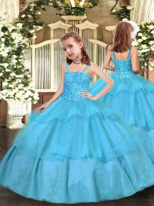 Aqua Blue Straps Lace Up Beading and Ruffled Layers Pageant Dress Toddler Sleeveless
