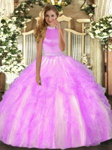 Customized Floor Length Lilac Quince Ball Gowns Organza Sleeveless Beading and Ruffles