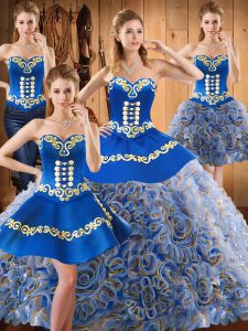 Multi-color Lace Up Sweetheart Embroidery 15 Quinceanera Dress Satin and Fabric With Rolling Flowers Sleeveless Sweep Train