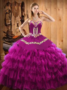 Spectacular Fuchsia Sweetheart Neckline Embroidery and Ruffled Layers Ball Gown Prom Dress Sleeveless Lace Up