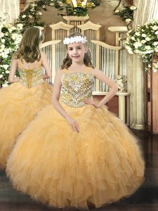Best Gold Ball Gowns Beading and Ruffles Pageant Gowns For Girls Lace Up Organza Sleeveless Floor Length