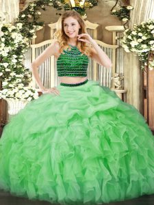 Sleeveless Organza Floor Length Zipper 15th Birthday Dress in Apple Green with Beading and Ruffles