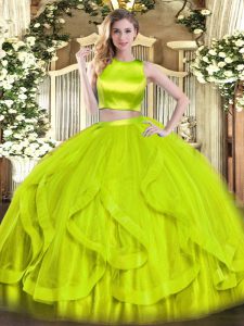 Ruffles Vestidos de Quinceanera Yellow Green Criss Cross Sleeveless Floor Length