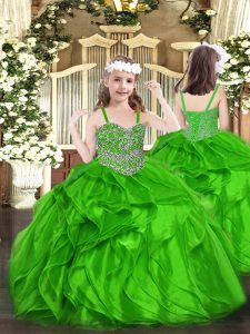 Customized Straps Sleeveless Girls Pageant Dresses Floor Length Beading and Ruffles Green Organza