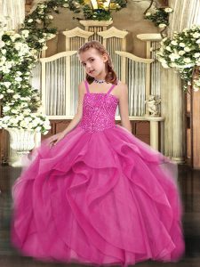 Hot Pink Lace Up Straps Beading Pageant Gowns Organza Sleeveless