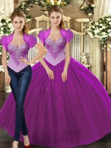 Fitting Fuchsia Sleeveless Tulle Lace Up Ball Gown Prom Dress for Military Ball and Sweet 16 and Quinceanera