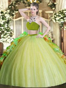 Olive Green Sleeveless Tulle Backless Quinceanera Gowns for Military Ball and Sweet 16 and Quinceanera