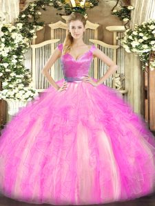 Rose Pink Sleeveless Floor Length Beading and Ruffles Zipper Quinceanera Dress