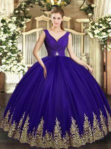 Purple Ball Gowns Tulle V-neck Sleeveless Beading and Appliques Floor Length Backless Party Dress for Girls