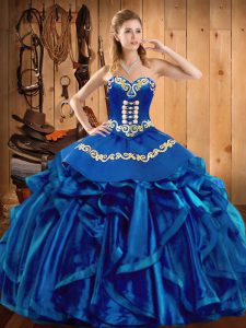 Stylish Embroidery and Ruffles Quinceanera Dresses Blue Lace Up Sleeveless Floor Length