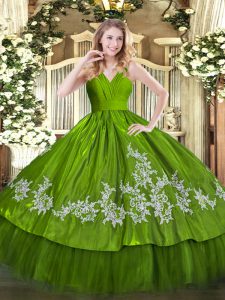 Customized V-neck Sleeveless Quinceanera Dresses Floor Length Embroidery Olive Green Satin and Tulle