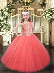 Coral Red Ball Gowns Beading Pageant Dress Lace Up Tulle Sleeveless Floor Length