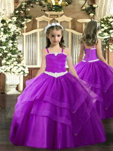 Dazzling Purple Tulle Lace Up Straps Sleeveless Floor Length Little Girl Pageant Dress Appliques and Ruffled Layers
