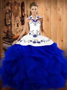 Tulle Halter Top Sleeveless Lace Up Embroidery and Ruffles Ball Gown Prom Dress in Royal Blue
