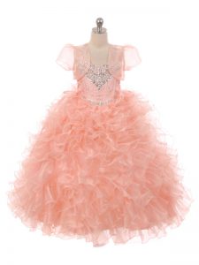 Cheap Floor Length Ball Gowns Sleeveless Peach Kids Pageant Dress Lace Up