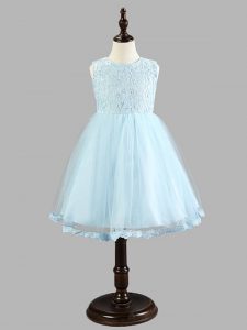Light Blue A-line Lace and Bowknot Glitz Pageant Dress Zipper Tulle Sleeveless Knee Length