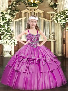 Charming Sleeveless Floor Length Beading and Ruffled Layers Lace Up Winning Pageant Gowns with Fuchsia