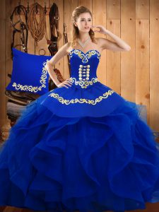 Eye-catching Sleeveless Floor Length Embroidery and Ruffles Lace Up Quinceanera Gown with Blue