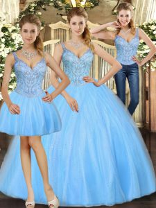 Straps Sleeveless 15th Birthday Dress Floor Length Beading Baby Blue Tulle