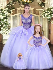 Custom Fit Lavender Tulle Lace Up Scoop Sleeveless Floor Length Quinceanera Gown Beading and Ruching