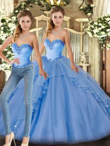 Graceful Baby Blue Quince Ball Gowns Military Ball and Sweet 16 and Quinceanera with Beading and Ruffles Sweetheart Sleeveless Lace Up