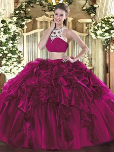 Cheap Fuchsia Two Pieces Tulle High-neck Sleeveless Beading and Ruffles Floor Length Backless Quinceanera Dress