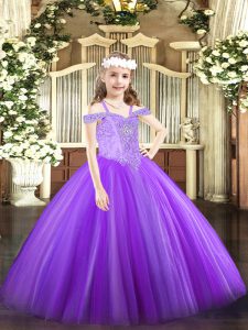 Lavender Off The Shoulder Neckline Beading Custom Made Pageant Dress Sleeveless Lace Up